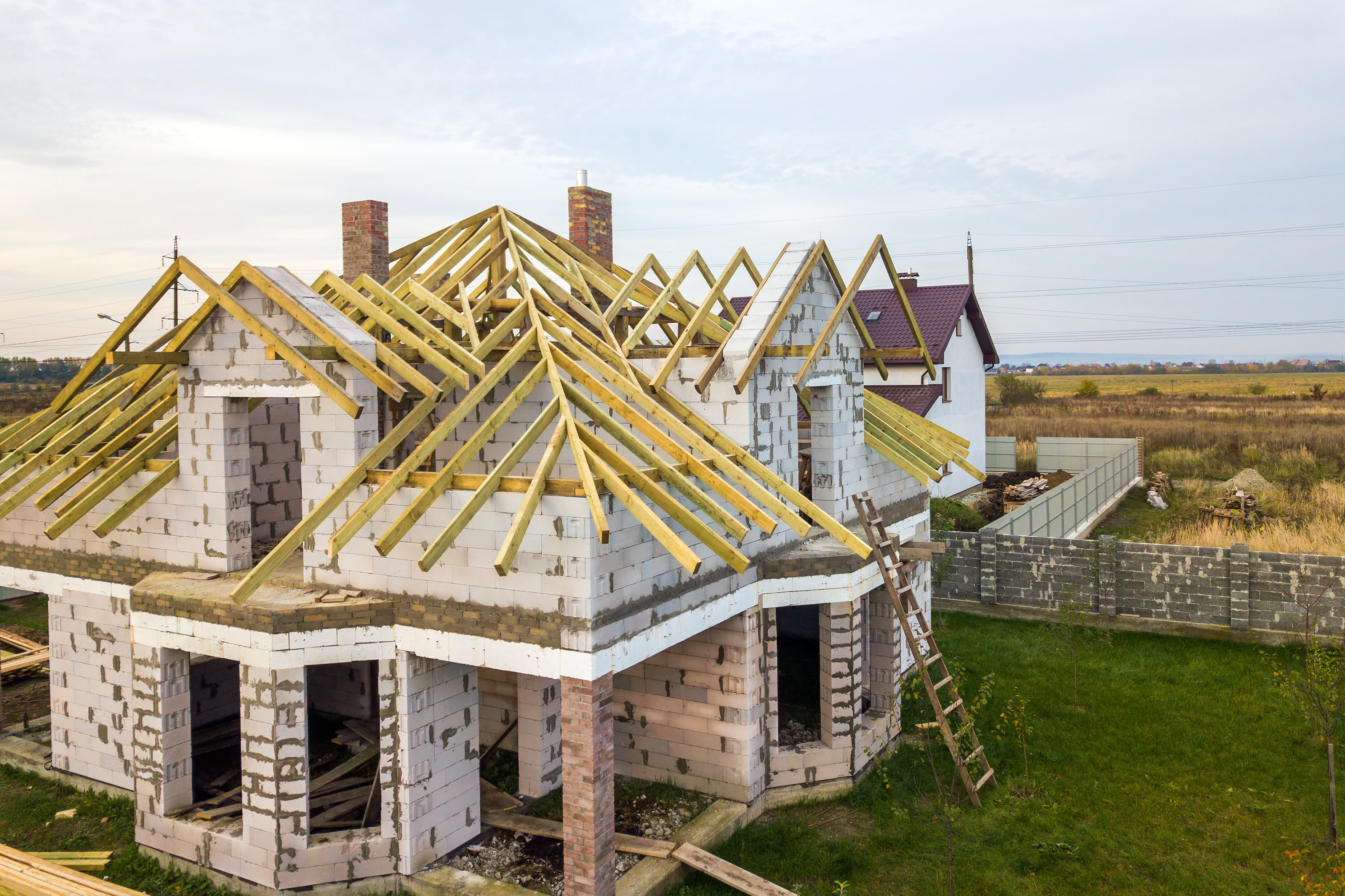 Aerial view of residential neighborhood roofs
